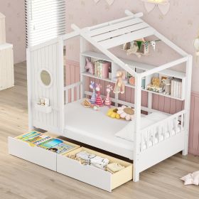 Wooden Twin Size House Bed with 2 Drawers,Kids Bed with Storage Shelf, White