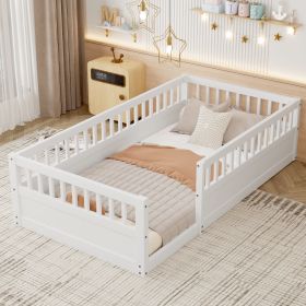 Twin Floor Bed Frame with Fence, Wood Kids Floor Beds Frame for Bedroom Playroom,White