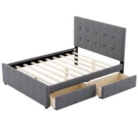 Queen-Size Linen Upholstered Platform Bed, Chic Headboard, Two Handy Drawers, Sophisticated Gray